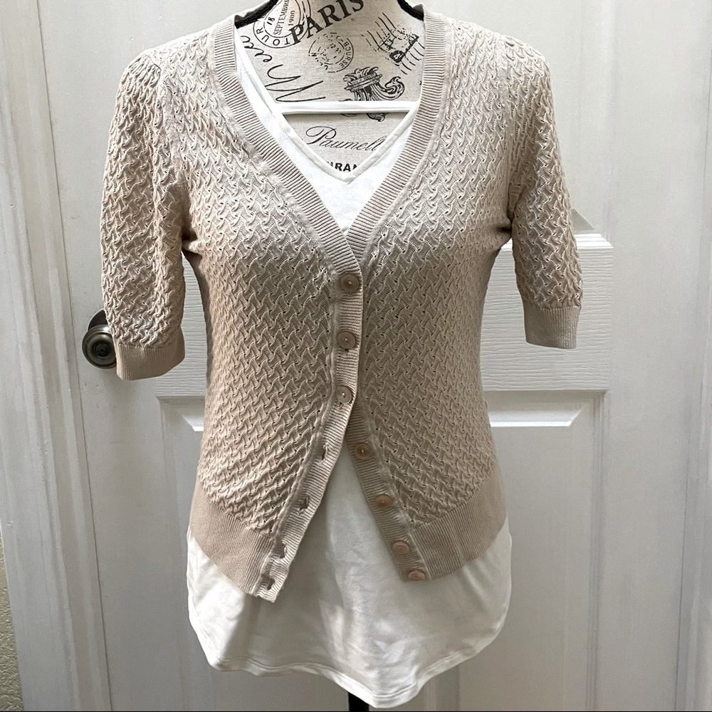 Halogen beige cropped ribbed button down sweater